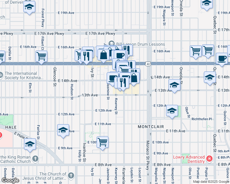 map of restaurants, bars, coffee shops, grocery stores, and more near 1275 Kearney Street in Denver