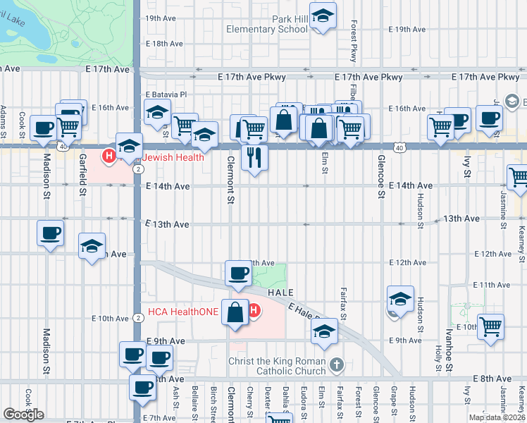 map of restaurants, bars, coffee shops, grocery stores, and more near 1294 Dexter Street in Denver