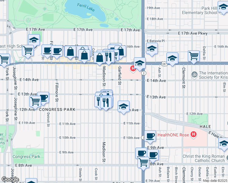 map of restaurants, bars, coffee shops, grocery stores, and more near in Denver
