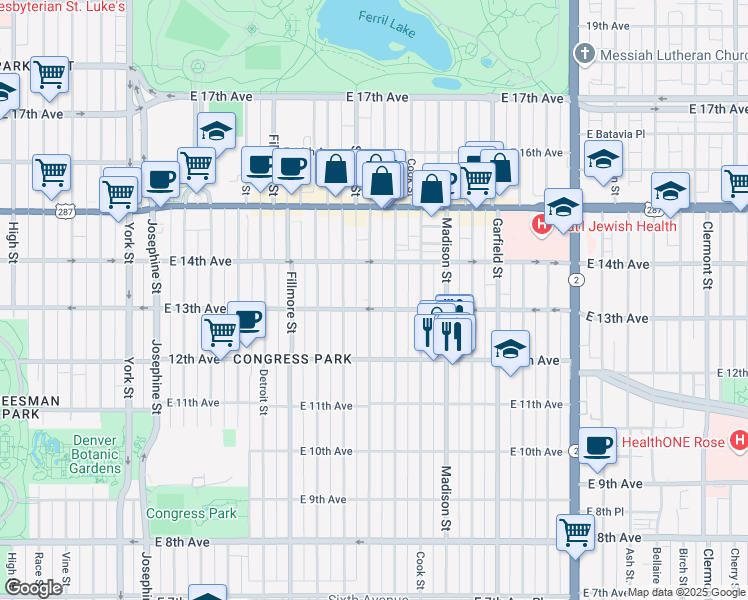 map of restaurants, bars, coffee shops, grocery stores, and more near 1268 Steele Street in Denver