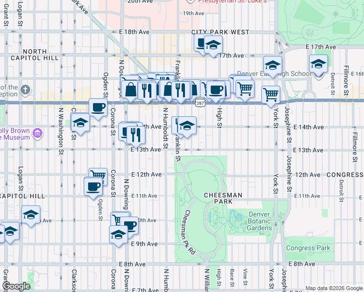 map of restaurants, bars, coffee shops, grocery stores, and more near in Denver