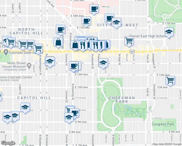 map of restaurants, bars, coffee shops, grocery stores, and more near in Denver