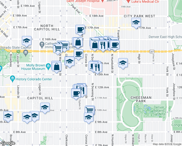 map of restaurants, bars, coffee shops, grocery stores, and more near 1270 North Downing Street in Denver