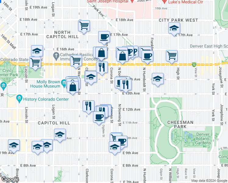 map of restaurants, bars, coffee shops, grocery stores, and more near in Denver