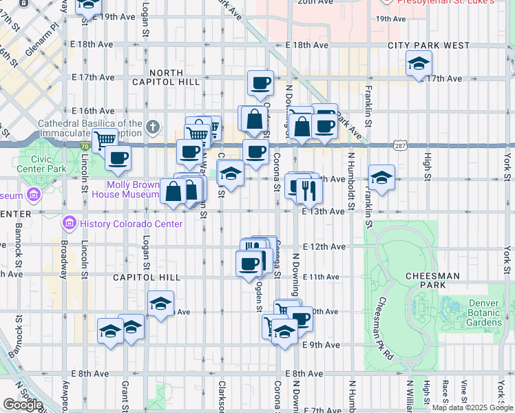 map of restaurants, bars, coffee shops, grocery stores, and more near 1276 Emerson Street in Denver