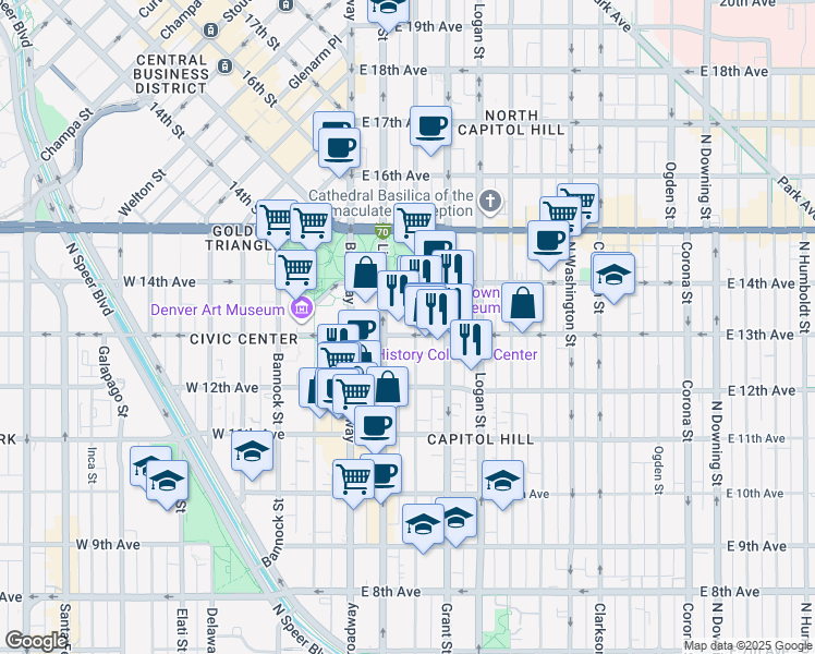 map of restaurants, bars, coffee shops, grocery stores, and more near 1271 Sherman Street in Denver