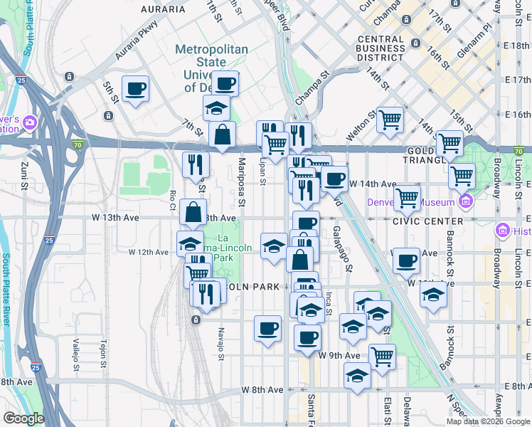 map of restaurants, bars, coffee shops, grocery stores, and more near 1264 Lipan Street in Denver