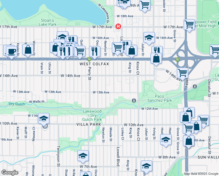 map of restaurants, bars, coffee shops, grocery stores, and more near 3710 West 13th Avenue in Denver