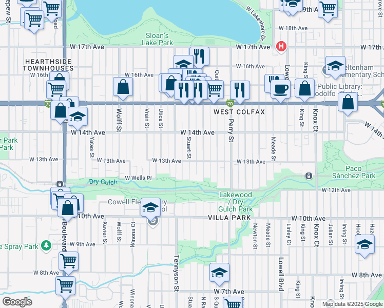 map of restaurants, bars, coffee shops, grocery stores, and more near 1297 Raleigh Street in Denver