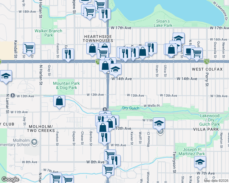map of restaurants, bars, coffee shops, grocery stores, and more near in Lakewood