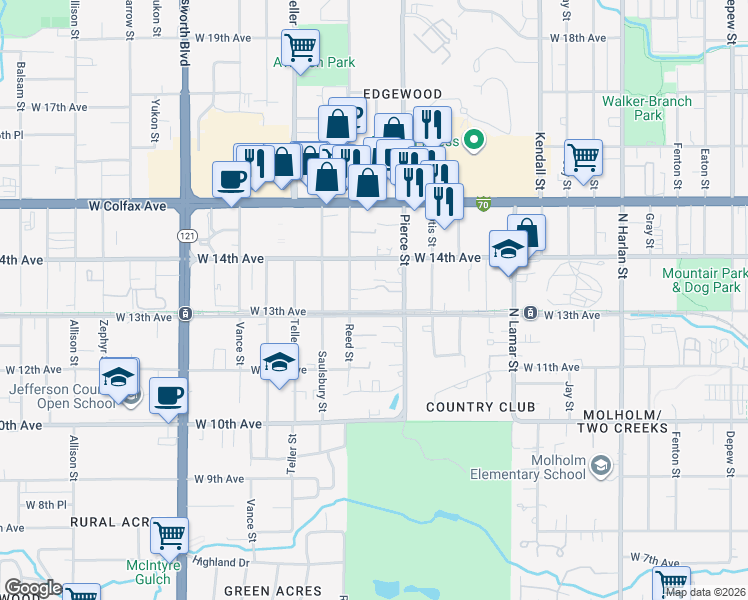 map of restaurants, bars, coffee shops, grocery stores, and more near 6950 West 13th Avenue in Lakewood