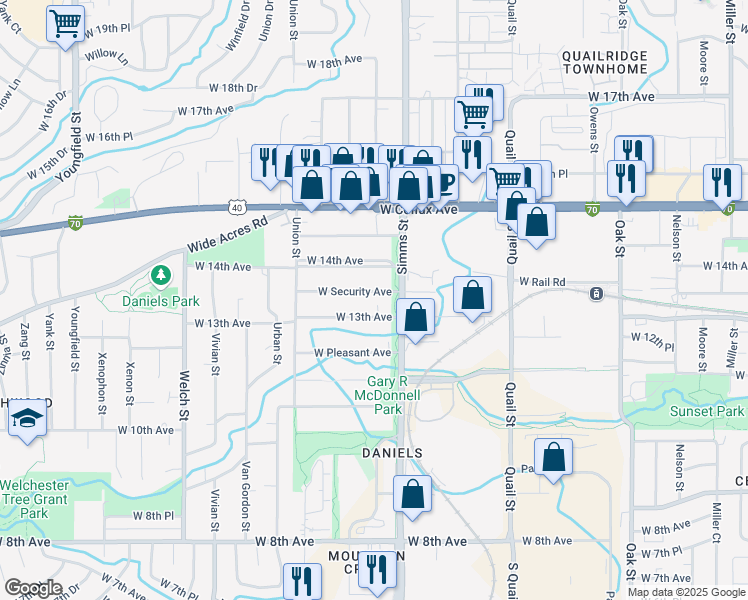 map of restaurants, bars, coffee shops, grocery stores, and more near 11633 West 13th Avenue in Golden