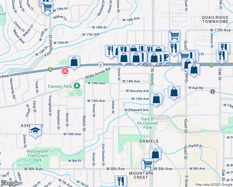 map of restaurants, bars, coffee shops, grocery stores, and more near 1301 Union Street in Golden