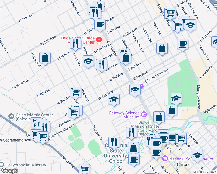 map of restaurants, bars, coffee shops, grocery stores, and more near 306 West 1st Avenue in Chico