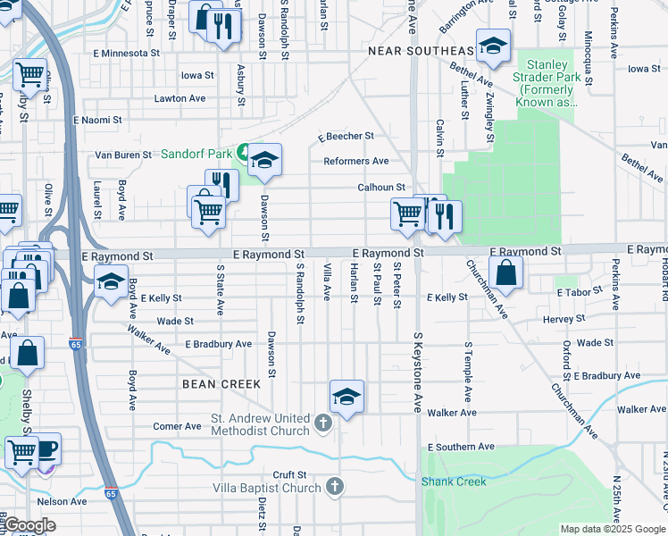 map of restaurants, bars, coffee shops, grocery stores, and more near 2244 Villa Avenue in Indianapolis