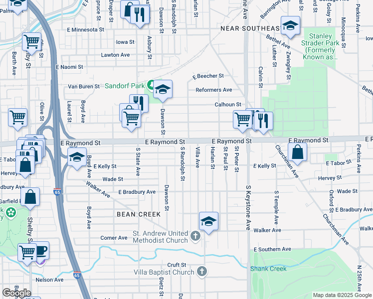 map of restaurants, bars, coffee shops, grocery stores, and more near 2244 Villa Avenue in Indianapolis