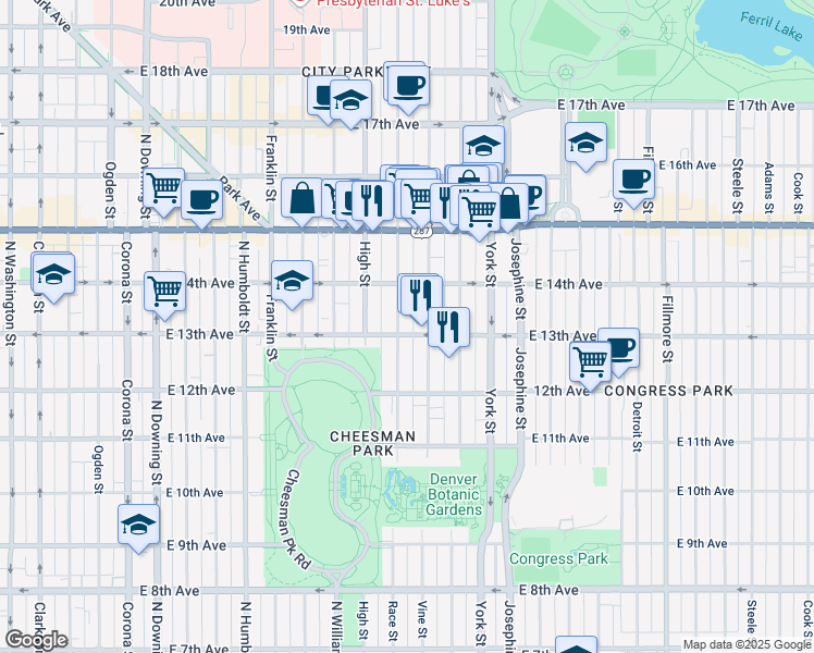 map of restaurants, bars, coffee shops, grocery stores, and more near in Denver
