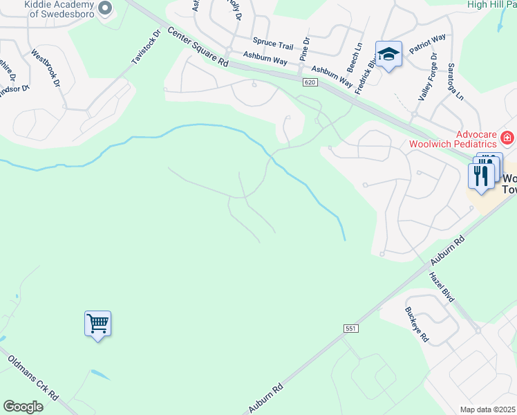 map of restaurants, bars, coffee shops, grocery stores, and more near Eisenhower Drive in Woolwich Township