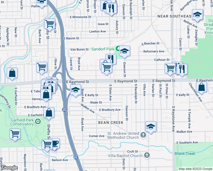 map of restaurants, bars, coffee shops, grocery stores, and more near 1625 East Tabor Street in Indianapolis