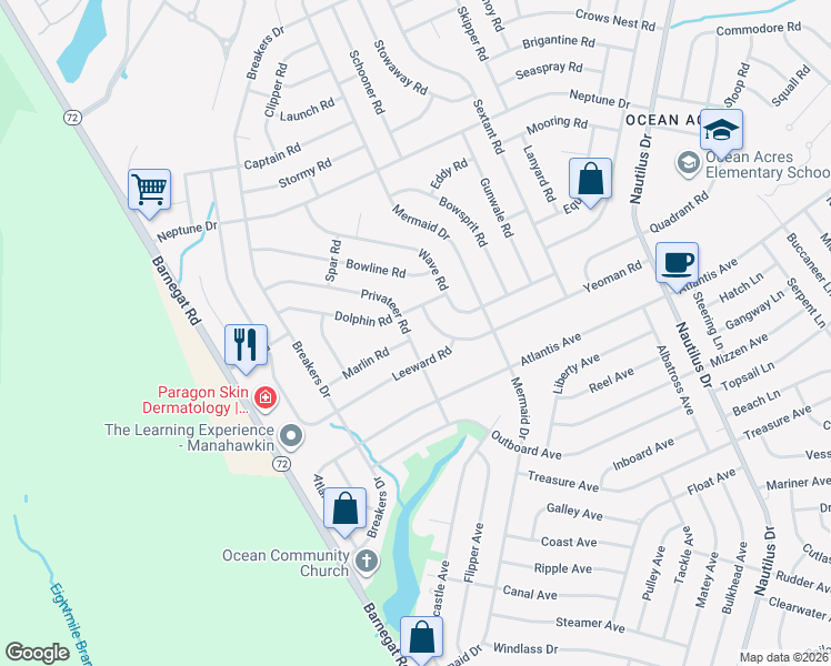 map of restaurants, bars, coffee shops, grocery stores, and more near 112 Leeward Road in Stafford Township