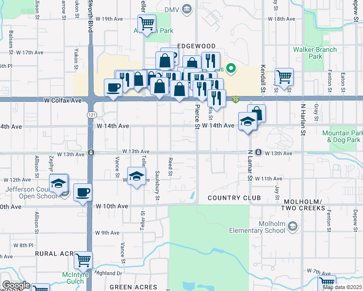 map of restaurants, bars, coffee shops, grocery stores, and more near 6950 West 13th Avenue in Lakewood