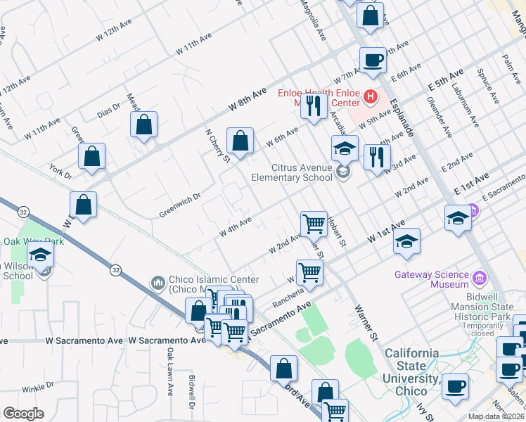 map of restaurants, bars, coffee shops, grocery stores, and more near W 4th Ave & N Cherry St in Chico