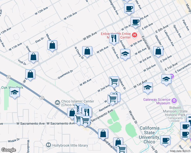 map of restaurants, bars, coffee shops, grocery stores, and more near 1041 North Cherry Street in Chico