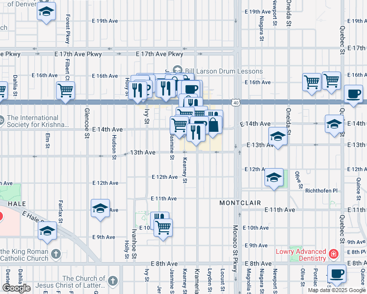 map of restaurants, bars, coffee shops, grocery stores, and more near 1275 Kearney Street in Denver