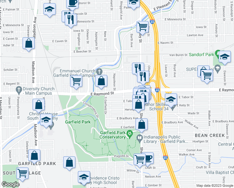 map of restaurants, bars, coffee shops, grocery stores, and more near 939 East Raymond Street in Indianapolis