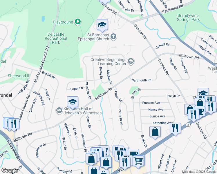 map of restaurants, bars, coffee shops, grocery stores, and more near 603 Milltown Road in Wilmington