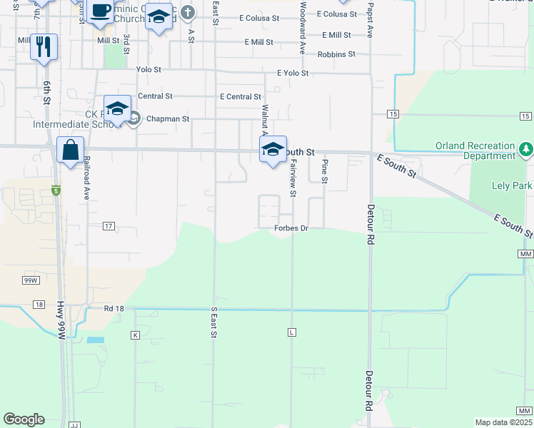 map of restaurants, bars, coffee shops, grocery stores, and more near 1350 Forbes Drive in Orland