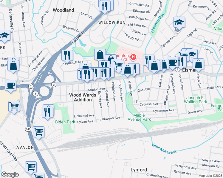 map of restaurants, bars, coffee shops, grocery stores, and more near 116 Brighton Avenue in Wilmington