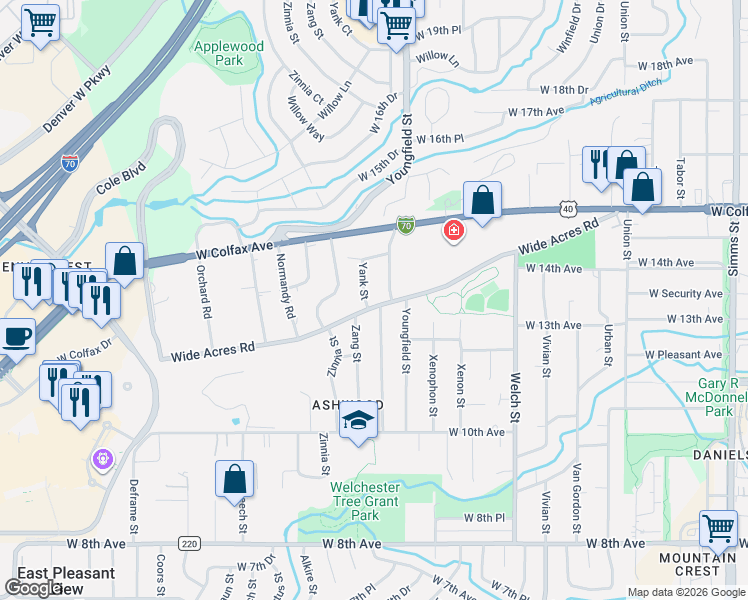 map of restaurants, bars, coffee shops, grocery stores, and more near 1225 Yank Street in Golden