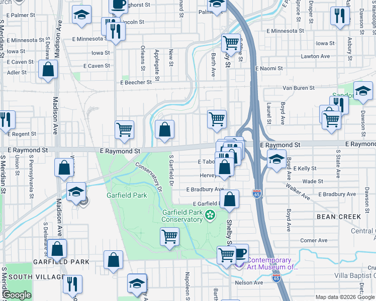map of restaurants, bars, coffee shops, grocery stores, and more near 930 East Tabor Street in Indianapolis