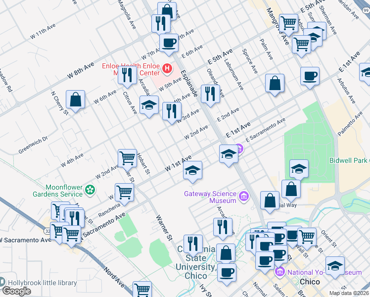 map of restaurants, bars, coffee shops, grocery stores, and more near 1140 Arcadian Avenue in Chico