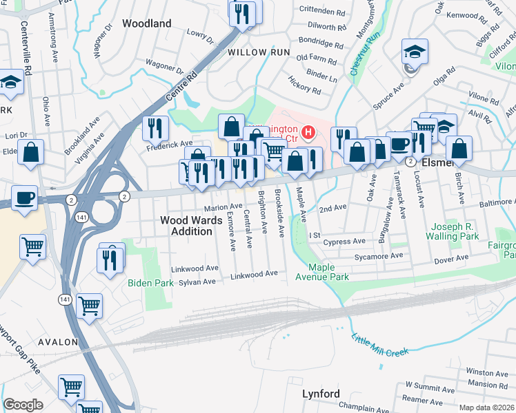 map of restaurants, bars, coffee shops, grocery stores, and more near 116 Brighton Avenue in Wilmington
