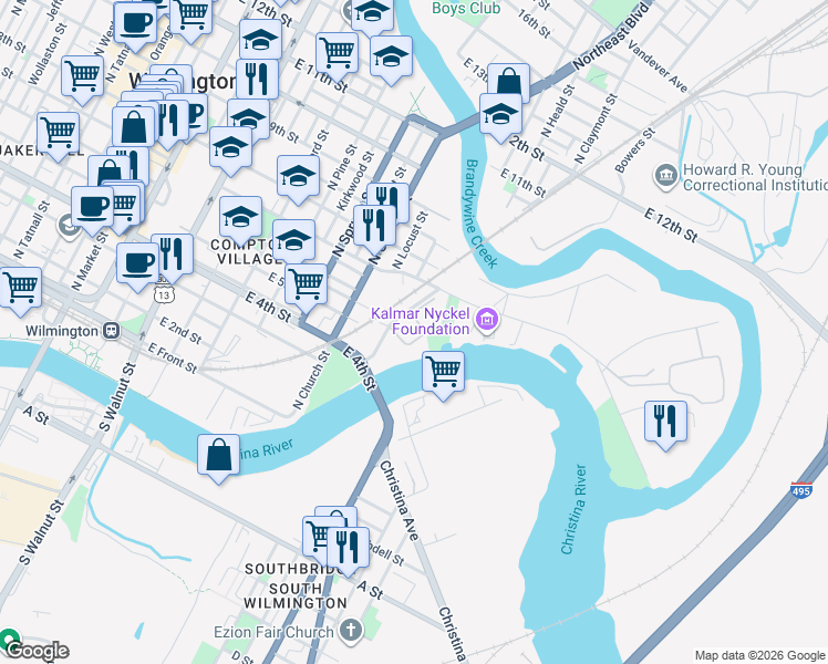 map of restaurants, bars, coffee shops, grocery stores, and more near 500 Swedes Landing Road in Wilmington