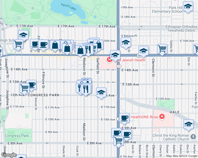 map of restaurants, bars, coffee shops, grocery stores, and more near 1320 Garfield Street in Denver