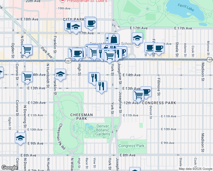 map of restaurants, bars, coffee shops, grocery stores, and more near 1330 North Gaylord Street in Denver