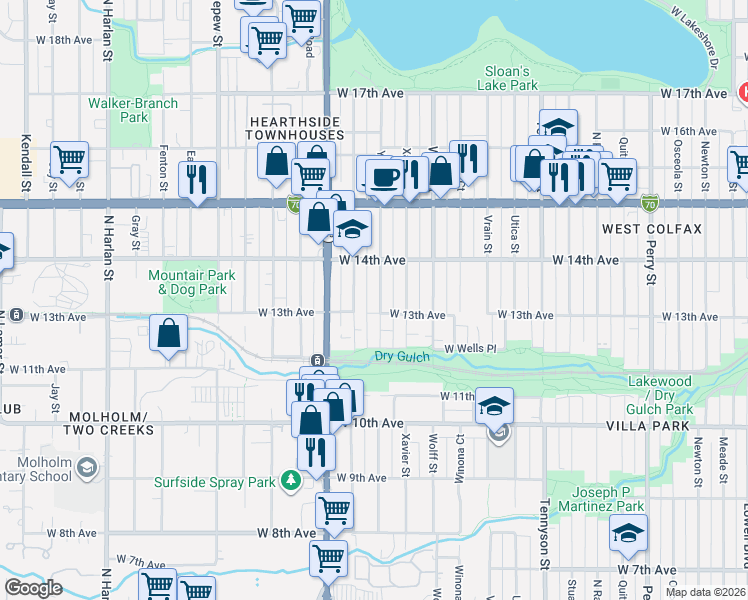 map of restaurants, bars, coffee shops, grocery stores, and more near 1313 Yates Street in Denver