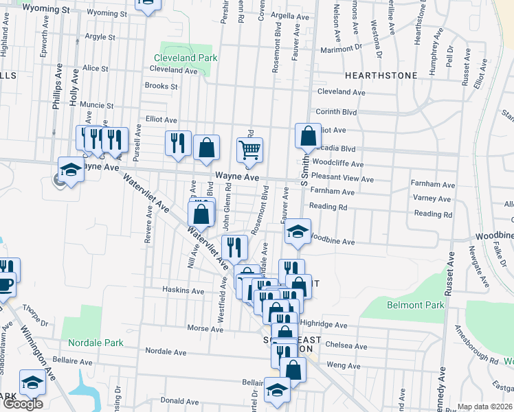 map of restaurants, bars, coffee shops, grocery stores, and more near 2115 Rosemont Boulevard in Dayton