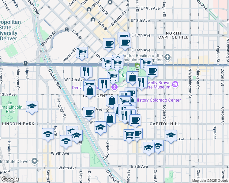 map of restaurants, bars, coffee shops, grocery stores, and more near 100 West 14th Avenue Parkway in Denver