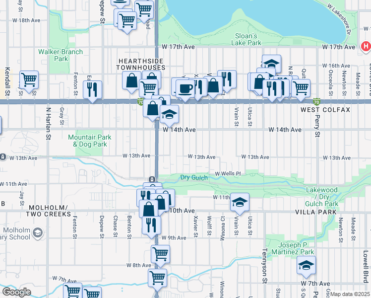 map of restaurants, bars, coffee shops, grocery stores, and more near 1285 Yates Street in Denver