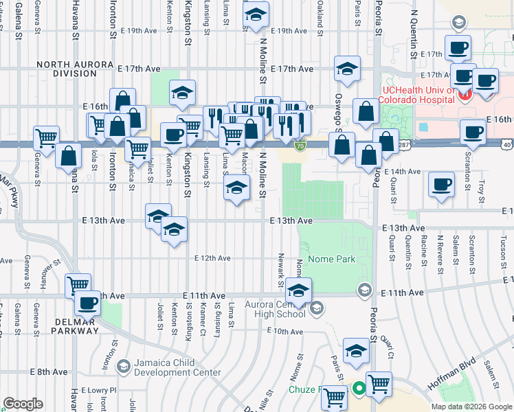 map of restaurants, bars, coffee shops, grocery stores, and more near 1301 Moline Street in Aurora
