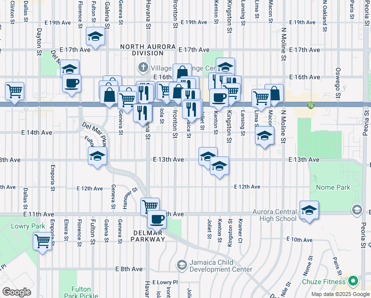 map of restaurants, bars, coffee shops, grocery stores, and more near 1322 Jamaica Street in Aurora