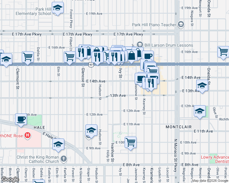 map of restaurants, bars, coffee shops, grocery stores, and more near 1270 Holly Street in Denver