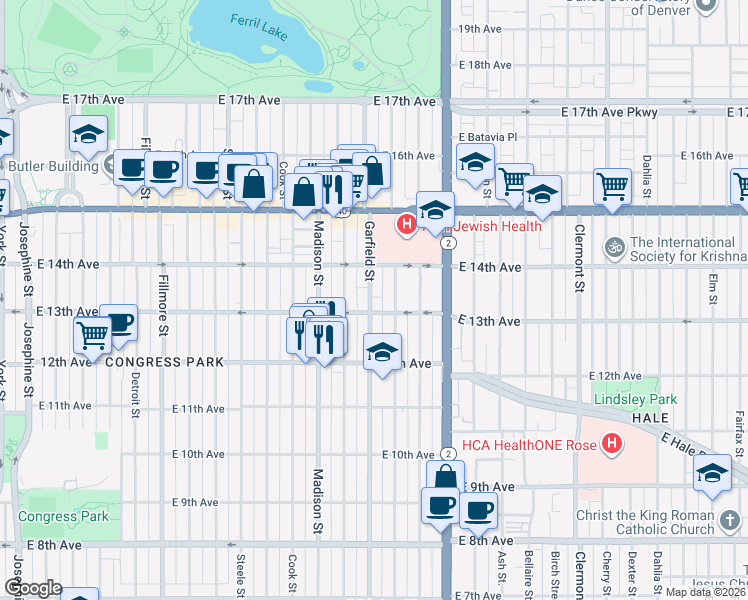 map of restaurants, bars, coffee shops, grocery stores, and more near in Denver