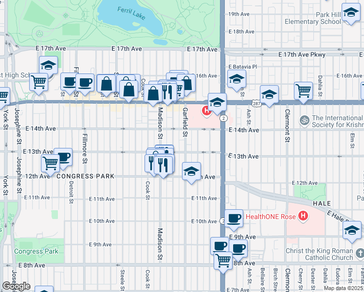 map of restaurants, bars, coffee shops, grocery stores, and more near in Denver