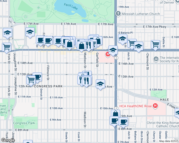 map of restaurants, bars, coffee shops, grocery stores, and more near 1286 Madison Street in Denver