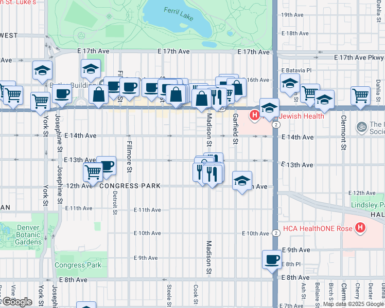 map of restaurants, bars, coffee shops, grocery stores, and more near 1273 Cook Street in Denver